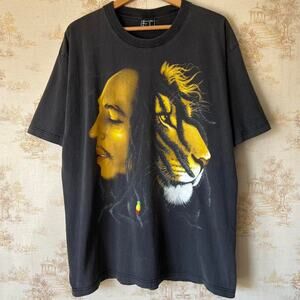 Y2K Bob Marley Lion Graphic T-Shirt | Faded Black Vintage | 2XL (24x31”)